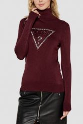 GUESS Bordowy damski golf Triangle Logo, Rozmiar S. Czerwone golfy damskie Guess, s, z aplikacjami, bez ramiączek. W wyprzedaży za 323.99 zł.