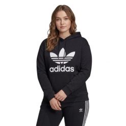 Bluza sportowa damska Adidas Trefoil Hoodie oversize. Czarne bluzy sportowe damskie Adidas, plus size, bez wzorów, z bawełny, bez ramiączek, z kapturem. Za 192.00 zł.