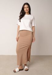 Ciemnobeżowa Prosta Spódnica z Rozcięciem z Boku ze Strukturalnej Tkaniny Orinelin. Brązowe spódniczki damskie Born2be, m, bez wzorów, z tkaniny, biznesowe, maxi, koszulowe. Za 39.99 zł.