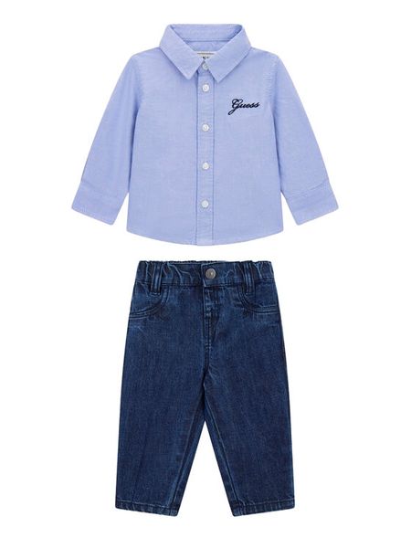 Guess Komplet koszula i spodnie materiałowe I6RG03 W9CL0 Niebieski Regular Fit. Niebieskie koszule chłopięce Guess, z aplikacjami, z bawełny, bez kołnierzyka, bez ramiączek. Za 294.99 zł.