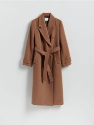 Płaszcz z wełną - beżowy. Brązowe płaszcze damskie Reserved, l, bez wzorów, z tkaniny. Za 499.99 zł.