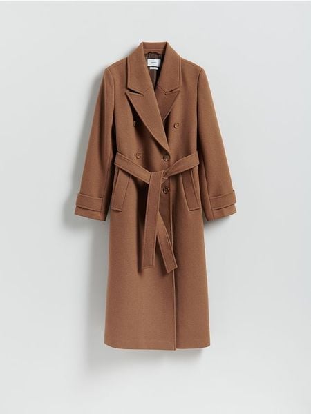 Płaszcz z wełną - beżowy. Brązowe płaszcze damskie Reserved, l, bez wzorów, z tkaniny. W wyprzedaży za 359.99 zł.