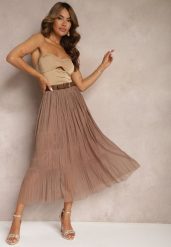 Jasnobrązowa Rozkloszowana Spódnica z Tiulu Wykończona Gumką w Pasie Risshara. Brązowe spódniczki damskie Renee, l, bez wzorów, z tiulu, eleganckie, midi, dopasowane. Za 49.99 zł.