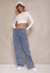 Niebieskie Jeansy High Waist z Szeroką Nogawką i Gumką w Talii Norvila. Niebieskie jeansy damskie Renee, z podwyższonym stanem. Za 119.99 zł.