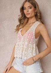 Beżowa Rozkloszowana Bluzka Top z Koronkowej Tkaniny Kambra. Brązowe topy damskie Renee, bez wzorów, z jeansu, bez kołnierzyka. Za 69.99 zł.