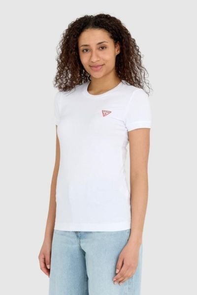 GUESS Biały damski t-shirt bawełniany Mini Triangle Tee, Rozmiar XS. Białe t-shirty damskie Guess, s, z aplikacjami, z bawełny, bez kołnierzyka. W wyprzedaży za 66.99 zł.