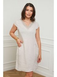 Curvy Lady Lniana sukienka w kolorze beżowym rozmiar: 44/46. Brązowe sukienki damskie Curvy Lady, na co dzień, bez wzorów, ze lnu, klasyczne, bez kołnierzyka, bez ramiączek, mini, proste. Za 110.04 zł.