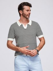 Męska dzianinowa koszulka polo bez guzików w marynarskie paski – czarno-biała V1 OM-POSS-0161 - XXL. Czarne koszulki polo męskie Ombre Clothing, na lato, l, bez wzorów, z dzianiny, bez ramiączek. Za 119.99 zł.