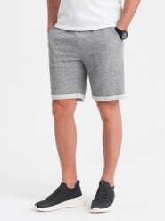 Spodenki męskie z tkaniny melanżowej LOOSE FIT - szare V6 OM-SRSK-0116 - XXL. Niebieskie szorty męskie Ombre Clothing, z bawełny, bez kołnierzyka. W wyprzedaży za 39.99 zł.