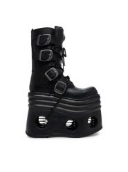 NEW ROCK Botki M-373-C446 Czarny. Czarne botki damskie NEW ROCK, ze skóry, rockowe, bez obcasa, na koturnie, bez zapięcia. Za 1,229.00 zł.