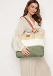 Beżowo-Zielona Torebka Tote w Stylu Boho z Plecionki na Suwak Rin. Zielone shopper bag damskie Born2be, bez wzorów, z jeansu, bez dodatków. Za 49.99 zł.