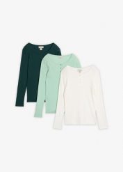 Prążkowana bluzka z dekoltem henley z czystej bawełny organicznej (3 szt. w zestawie). Zielone bluzki damskie bonprix, bez wzorów, z bawełny, bez kołnierzyka, bez ramiączek. Za 149.97 zł.