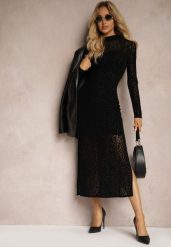Czarna Transparentna Sukienka z Welurowym Wzorem w Panterkę z Rozcięciami Zailnn. Czarne sukienki damskie Renee, na co dzień, l, bez wzorów, z weluru, eleganckie, bez kołnierzyka, bez ramiączek, midi, dopasowane. Za 139.99 zł.