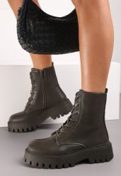 Zielone Botki Workery Sznurowane Gwanwa. Zielone botki damskie Renee, militarne, z okrągłym noskiem, za kostkę, bez obcasa, na płaskiej podeszwie, bez zapięcia. Za 189.99 zł.