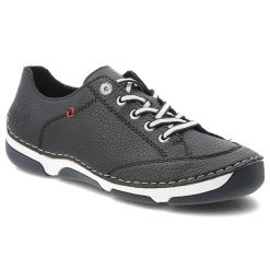 Półbuty damskie Rieker, cholewka ze skóry naturalnej o ziarnistej fakturze z kontrastowym sznurowaniem niebieskie, 55901-14. Niebieskie półbuty damskie Rieker, bez wzorów, ze skóry, klasyczne, bez obcasa. Za 349.00 zł.