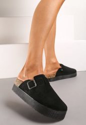 Czarne Klapki Mule w Stylu Chodaków na Grubej Podeszwie z Korka Correlia. Czarne klapki damskie Renee, bez wzorów, bez obcasa, na płaskiej podeszwie. W wyprzedaży za 35.99 zł.