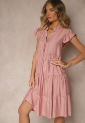 Ciemnoróżowa Rozkloszowana Sukienka z Dekoltem w Kształcie Litery V Mevamara. Czerwone sukienki damskie Renee, na co dzień, xl, z aplikacjami, z jeansu, eleganckie, bez kołnierzyka, bez ramiączek, midi, kopertowe. W wyprzedaży za 63.99 zł.