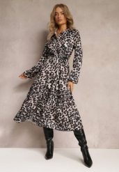 Beżowo-Brązowa Sukienka w Panterkę z Paskiem Antibrote. Brązowe sukienki damskie Renee, na co dzień, m, bez wzorów, eleganckie, bez kołnierzyka, bez ramiączek, midi, rozkloszowane. Za 119.99 zł.