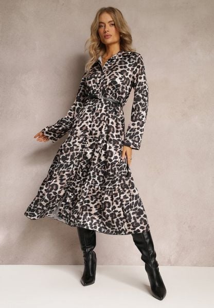 Beżowo-Brązowa Sukienka w Panterkę z Paskiem Antibrote. Brązowe sukienki damskie Renee, na co dzień, m, bez wzorów, eleganckie, bez kołnierzyka, bez ramiączek, midi, rozkloszowane. Za 119.99 zł.