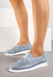 Niebieskie Półbuty ze Skórzaną Wkładką i Ozdobną Perforacją Jolmio. Niebieskie półbuty damskie Born2be, bez wzorów, z jeansu, eleganckie, bez obcasa. Za 99.99 zł.