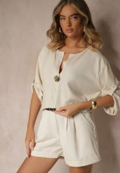 Jasnobeżowa Bluzka Oversize z Lnem i Wiskozą z Ozdobną Aplikacją Miliria. Brązowe bluzki damskie Renee, z aplikacjami, z jeansu, eleganckie, bez kołnierzyka, bez ramiączek. Za 59.99 zł.