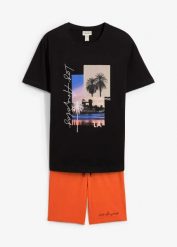 T-shirt + bermudy dresowe (2 części). Czarne szorty męskie bonprix, bez wzorów, z dresówki, sportowe. Za 114.99 zł.