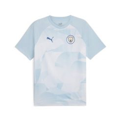 Koszulka przedmeczowa Manchester City 2023/24. Niebieskie t-shirty sportowe męskie Puma, m, bez ramiączek, do piłki nożnej. Za 179.00 zł.