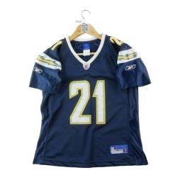 Second life - Koszulka damska Reebok NFL San Diego Chargers 21 - Jak nowy. Niebieskie bluzki sportowe damskie Reebok, m, z jeansu, bez kołnierzyka, bez ramiączek. Za 127.76 zł.