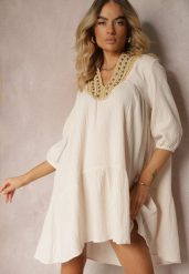 Beżowa Rozkloszowana Sukienka Mini Ozdobiona Plecionką Przy Dekolcie Rufta. Brązowe sukienki damskie Renee, na imprezę, na lato, m, bez wzorów, boho, bez kołnierzyka, bez ramiączek, mini, rozkloszowane. W wyprzedaży za 132.99 zł.