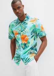 Koszula z krótkim rękawem z czystej bawełny. Niebieskie koszule męskie bonprix, m, bez wzorów, z bawełny, bez kołnierzyka, bez ramiączek. Za 84.99 zł.