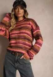 Różowo-Brązowy Sweter Ozdobiony Poziomymi Paskami Atorila. Czerwone swetry klasyczne damskie Renee, na zimę, m, bez kołnierzyka. Za 109.99 zł.