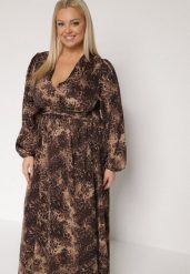 Brązowa Rozkloszowana Sukienka w Cętki Reinafa. Brązowe sukienki damskie Born2be, na co dzień, plus size, bez wzorów, wizytowe, bez kołnierzyka, plus size, bez ramiączek, rozkloszowane. Za 169.99 zł.