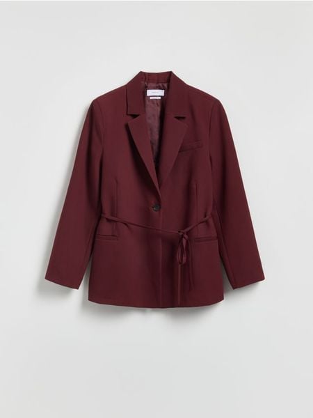 Marynarka z wiązaniem - burgundowy. Czerwone marynarki i żakiety damskie Reserved, l, bez wzorów, z tkaniny, klasyczne. W wyprzedaży za 159.99 zł.