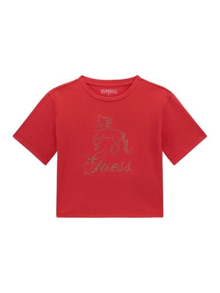 Guess T-Shirt J6RI38 K6YW4 Czerwony Regular Fit. Czerwone koszulki dziewczęce Guess, z aplikacjami, z bawełny, bez ramiączek. Za 79.99 zł.