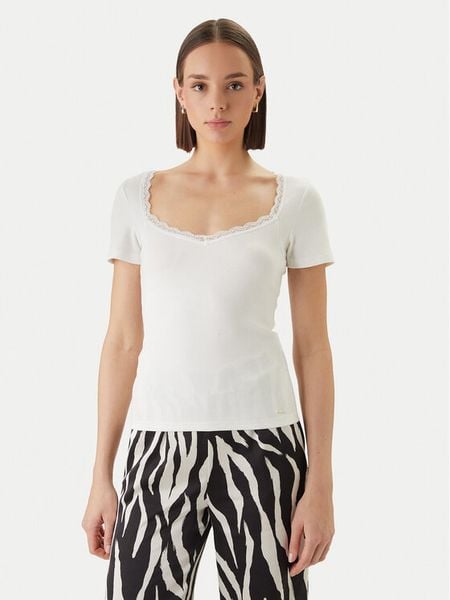 Morgan Bluzka 261-DAMOUR Biały Slim Fit. Białe bluzki damskie Morgan, l, bez wzorów, z bawełny, bez kołnierzyka, bez ramiączek. Za 129.99 zł.