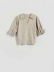 Sweter z kołnierzykiem - beżowy. Brązowe swetry klasyczne damskie Reserved, l, z dzianiny, bez kołnierzyka. Za 129.99 zł.