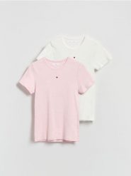 Bawełniany t-shirt z haftem 2 pack - pastelowy róż. Czerwone t-shirty damskie Reserved, l, bez wzorów, z bawełny, bez kołnierzyka. Za 89.99 zł.