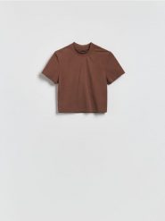 T-shirt z bawełną - ciemnobrązowy. Brązowe t-shirty damskie Reserved, l, bez wzorów, z bawełny, bez kołnierzyka. Za 25.99 zł.