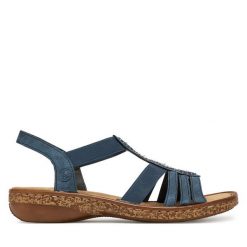 Sandały Rieker. Niebieskie sandały damskie Rieker, bez wzorów, bez obcasa, na płaskiej podeszwie. Za 223.99 zł.