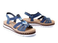 RIEKER V7909-12 blue, sandały damskie. Niebieskie sandały damskie Rieker, bez wzorów, bez obcasa, na koturnie. Za 244.93 zł.