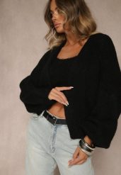 Czarny Niezapinany Kardigan z Wełną i Wiskozą z Dołączonym Topem Belvane. Czarne kardigany damskie Renee, s, bez wzorów, z dzianiny. Za 159.99 zł.