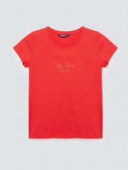 Koszulka damska z napisem z cyrkonii czerwona Malvina 603. Czerwone t-shirty damskie Big Star, l, bez wzorów, z bawełny, bez kołnierzyka. Za 89.99 zł.