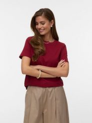 Vero Moda Koszulka w kolorze bordowym rozmiar: XS. Czerwone bluzki damskie Vero Moda, xs, bez wzorów, z bawełny, bez kołnierzyka, bez ramiączek. Za 58.14 zł.