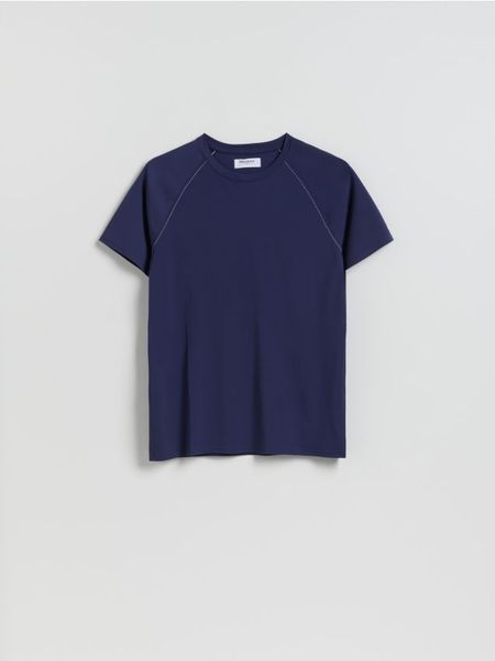 T-shirt slim fit z wiskozą - granatowy. Niebieskie t-shirty męskie Reserved, l, bez wzorów, z dzianiny, bez kołnierzyka. Za 79.99 zł.