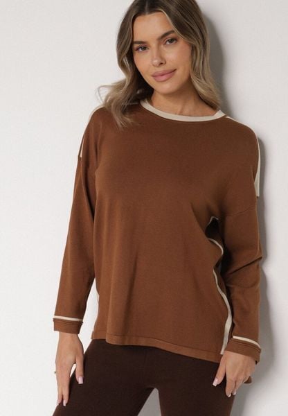 Brązowy Sweter z Bawełną i Metaliczną Nicią Tusima. Brązowe swetry klasyczne damskie Born2be, l, z bawełny, bez kołnierzyka. Za 79.99 zł.