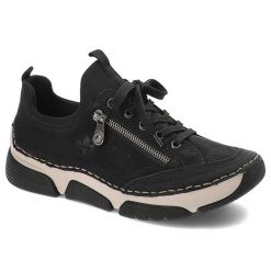 Czarne Półbuty Rieker Wygodne Wsuwane Obuwie Damskie. Czarne półbuty damskie Rieker, bez wzorów, z materiału, eleganckie, bez obcasa. Za 359.00 zł.