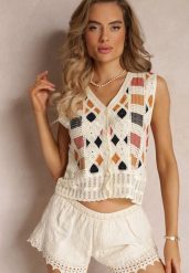 Beżowa Szydełkowa Bluzka Top z Geometrycznym Wzorem z Bawełny Fellin. Brązowe topy damskie Renee, bez wzorów, z bawełny, bez kołnierzyka. Za 74.99 zł.
