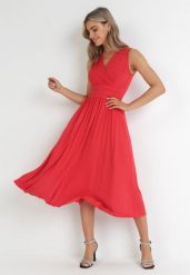 Czerwona Sukienka Midi Bez Rękawów z Plisowanym Dołem Dreana. Czerwone sukienki damskie Born2be, na imprezę, l, bez wzorów, eleganckie, bez kołnierzyka, bez ramiączek, midi, plisowane. W wyprzedaży za 175.99 zł.