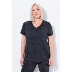 Damskie Bluzka funkcyjna wstawki z siateczki dekolt w serek rękaw 1/2. Czarne bluzki sportowe damskie Ulla Popken, plus size, z elastanu, bez kołnierzyka, bez ramiączek. Za 199.99 zł.