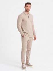 Komplet męski dresowy bluza z kołnierzem polo + spodnie - beżowy V2 Z71 - XXL. Brązowe bluzy bez kaptura męskie Ombre Clothing, bez wzorów, z bawełny. Za 209.99 zł.